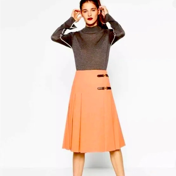NWT ZARA Slit Pleated Midi Women's Kilt with Buckle Fasteners  SZ XS - Picture 9 of 13